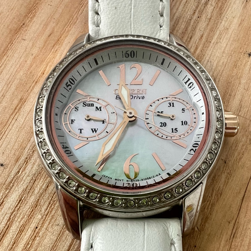 Citizen EcoDrive Ladies Mother Of Pearl Dial White Leather Dress Watch